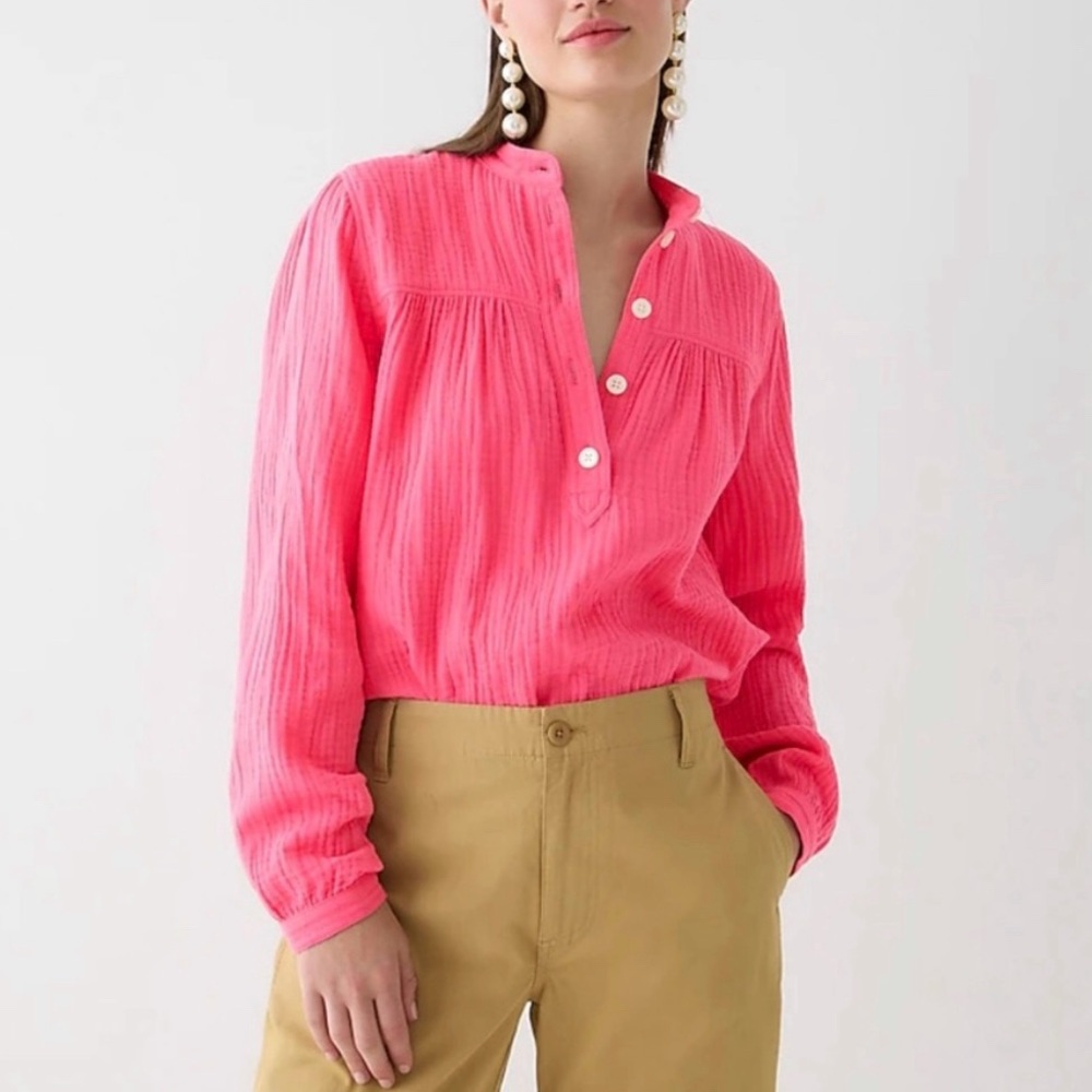 J. Crew Fresco Long Sleeve Soft Cotton Gauze Top in Vivid Begonia Pink‎
